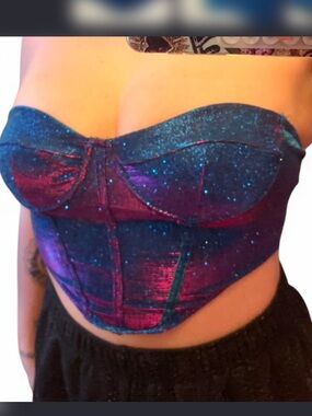 Fashion nova blue purple holographic corset strapless top size medium bustier